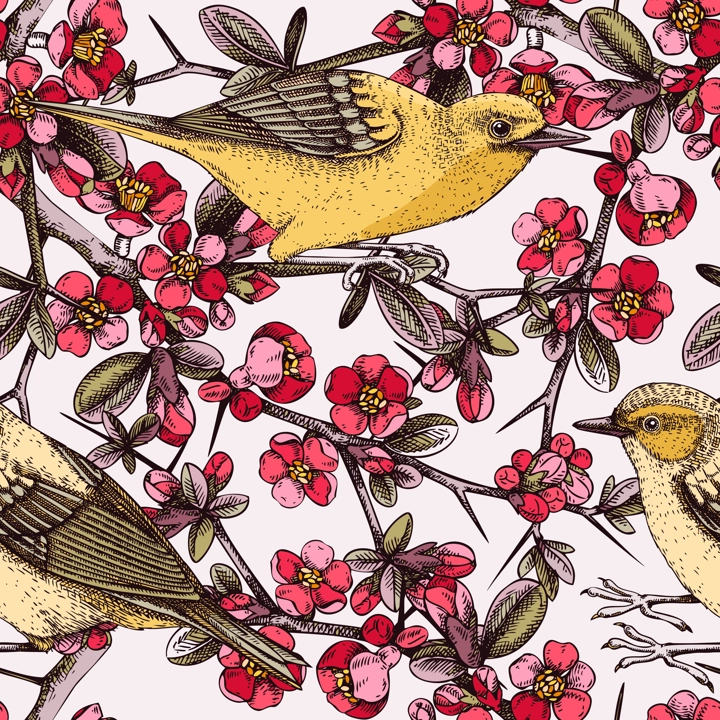 Vector spring background in engraved style. Yellow warbler sitting on blooming Japanese quince branch sketches in color. Songbird with beautiful flowers seamless pattern design for prints or textiles